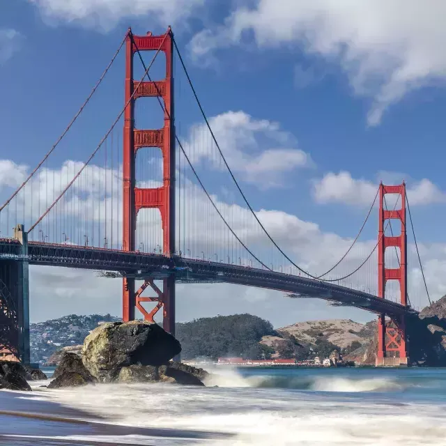 A photo of the Golden Gate Bridge on a bright, sunny day. 